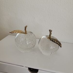Vintage Clear Apples/controlled bubbles paperweight with brass leaf and …